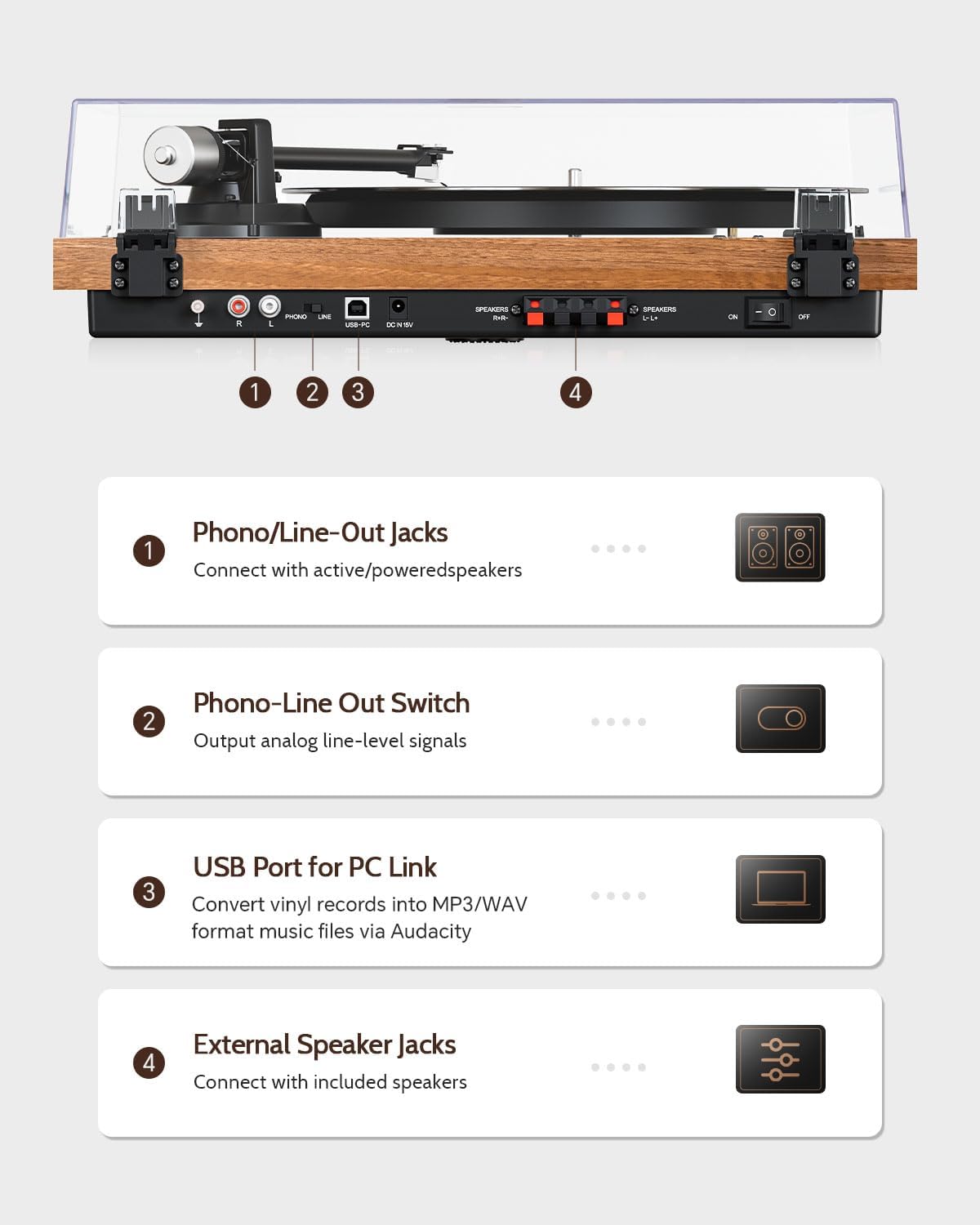 1 BY ONE Bluetooth Turntable HiFi System with 36 Watt Bookshelf Speakers - Image 6